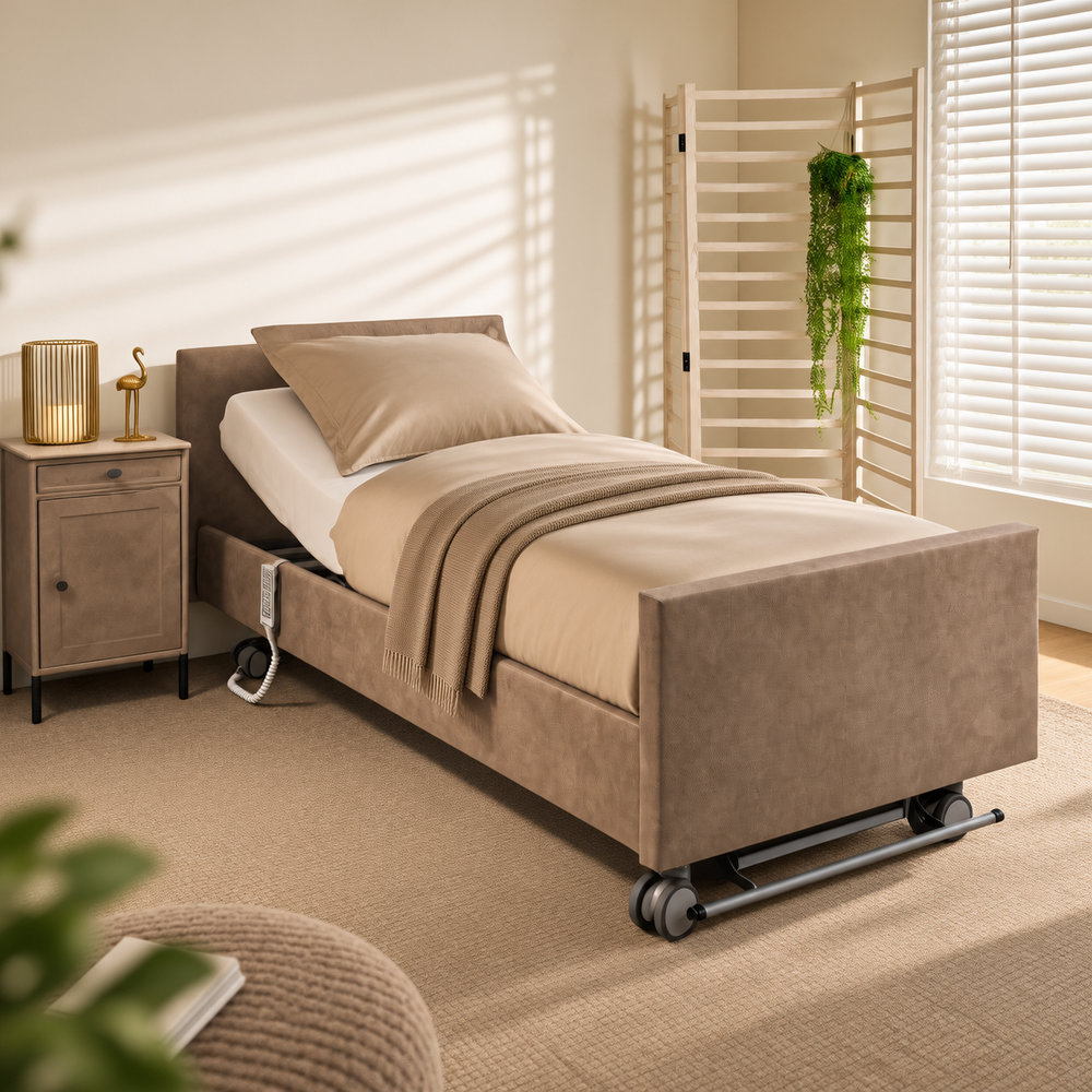 hoog laag bed beige bruin grijs